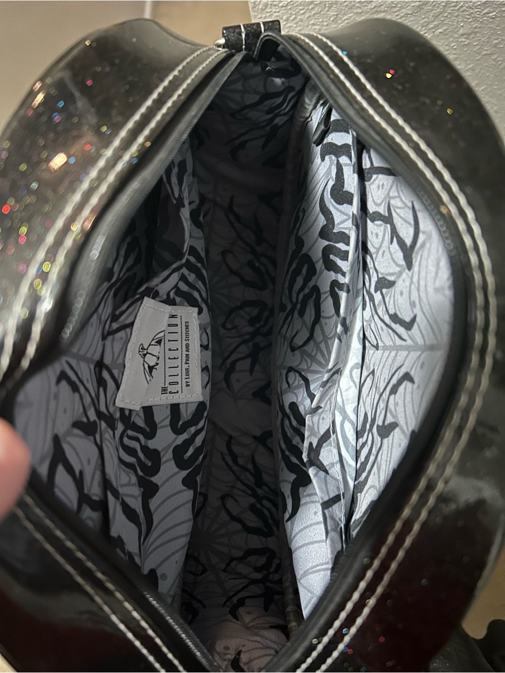 Love Pain and Stiches Pumpkin Kult two sided Black Glitter Crossbody Bag - Picture 3 of 6